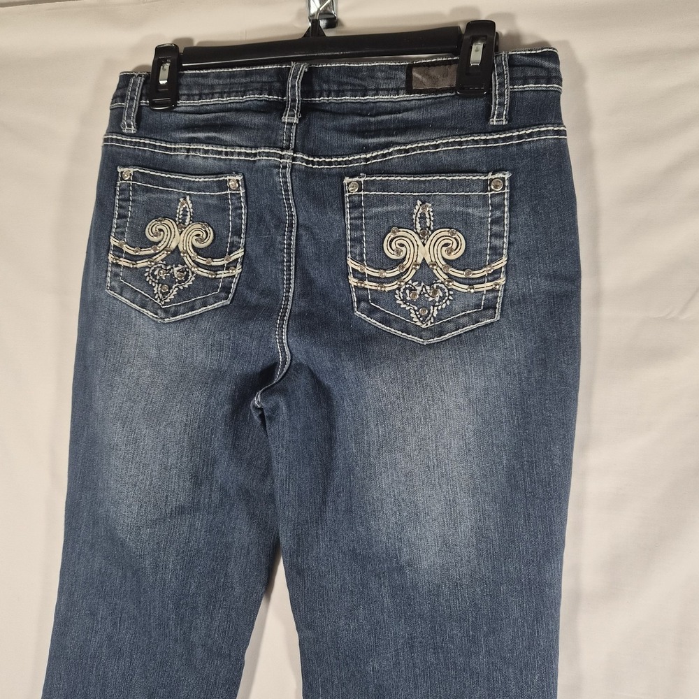 Y2k Earl Jean Womens Flare Size 8 Bootcut Jeans Blue Fleur De Lis Embroidered
